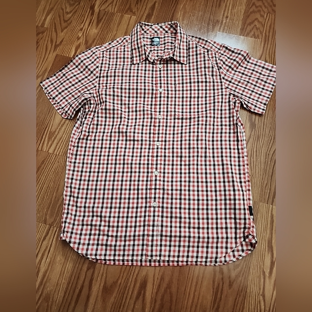 The north face short sleeve button-up shirt lg orange plaid